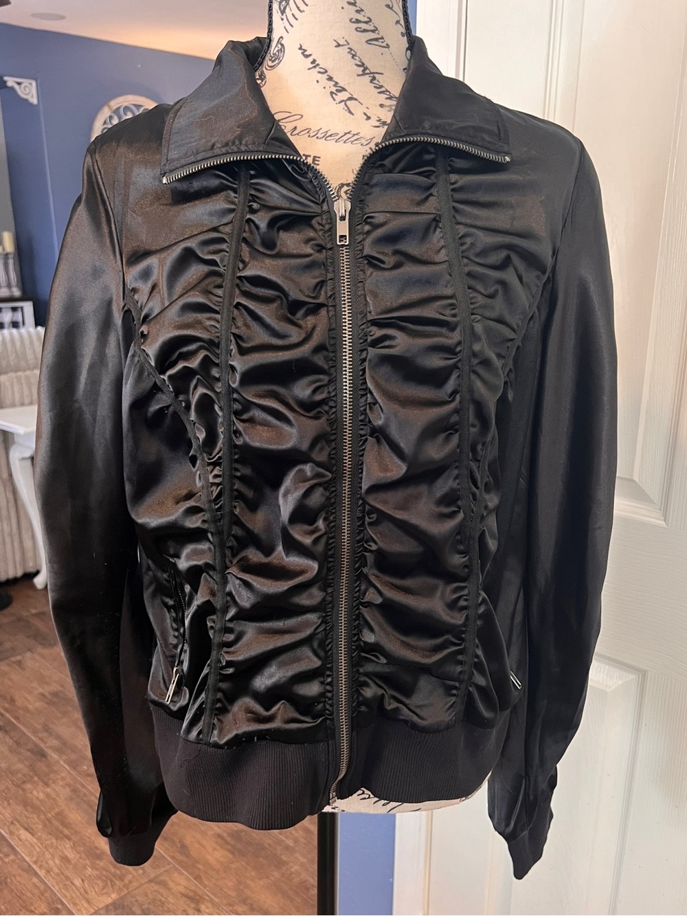 torrid Black Satin Ruffle-Front Bomber Jacket with Zip Y2K retro date night